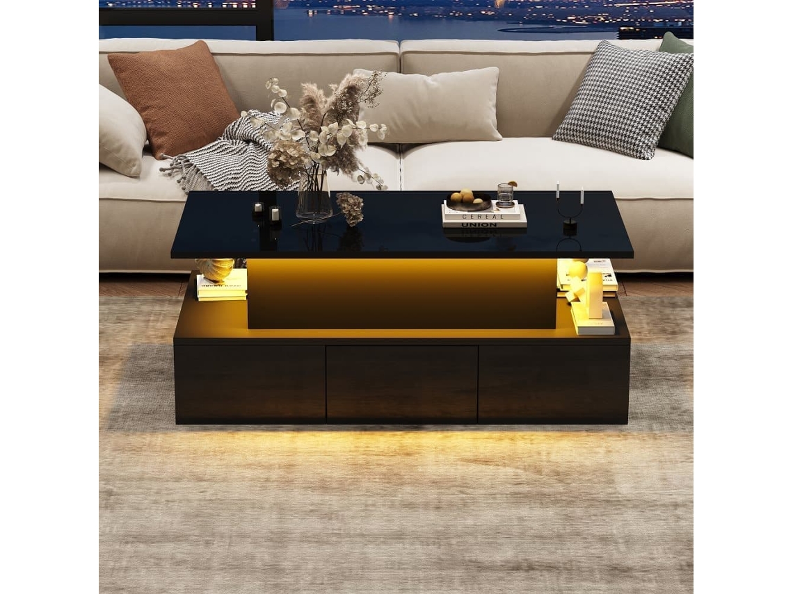 Mesa De Centro Elevável 100x50x40 Cm - 4 Gavetas, Com Led, Com Arrumação, Preto
