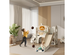 Estrutura de Jogos Infantis 7 em 1 para Playground Interno, Escorregador com Túnel e Armazenamento, 186x153x111 Cm, Creme