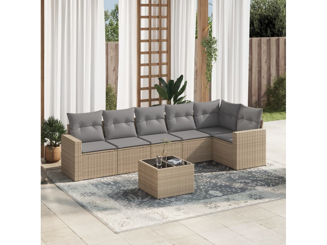 Vidaxl 7 Pcs Conjunto De Sofás P/ Jardim Com Almofadões Vime Pe Bege