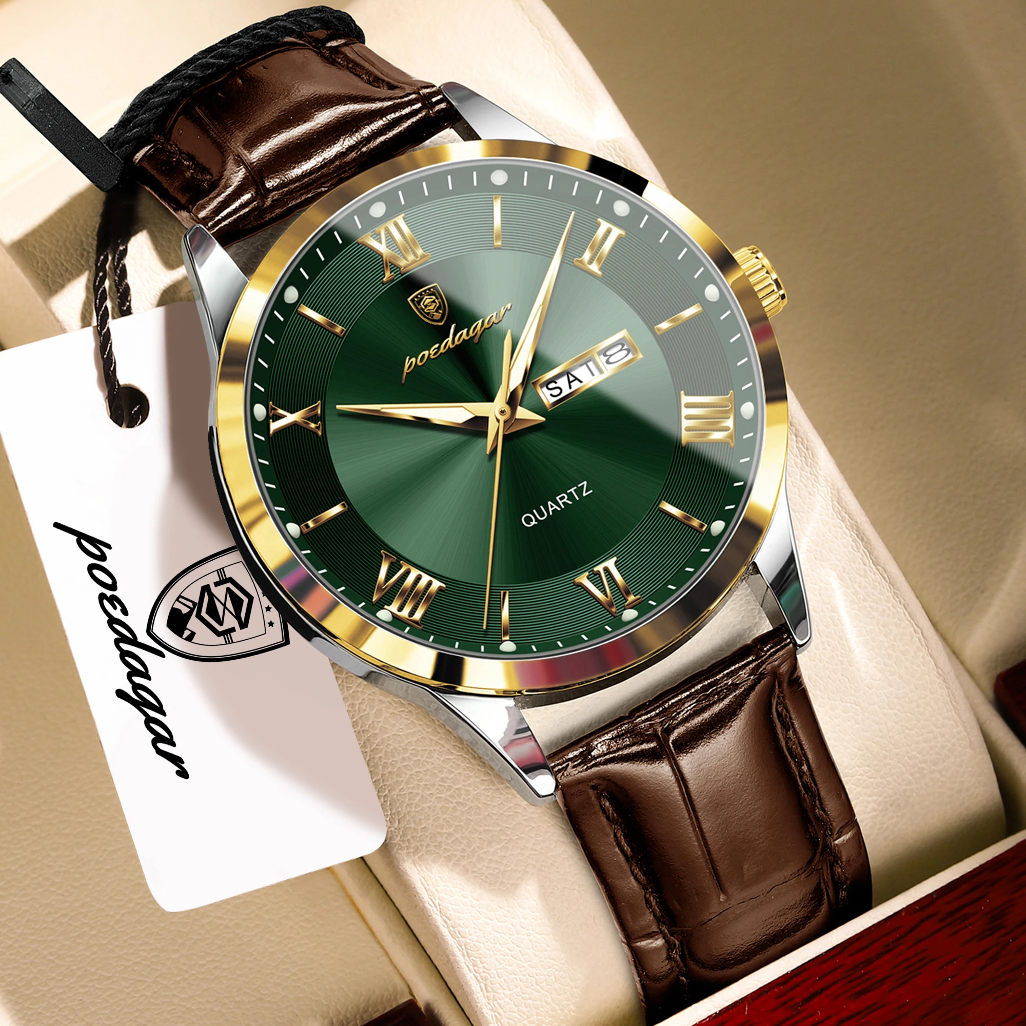 Relógio Masculino De Luxo (dourado E Verde), Pulseira De Couro Genuíno, À Prova D'água E Com Ponteiros Luminosos.