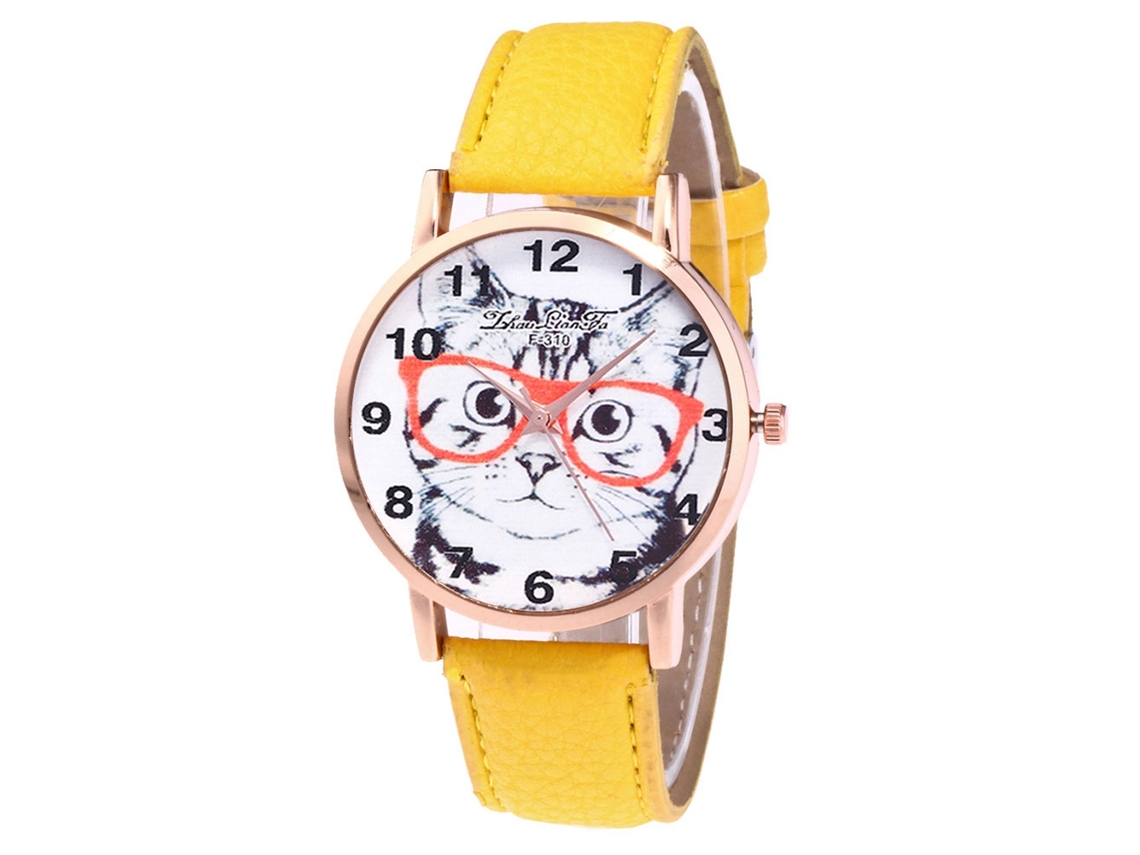 Reloj De Pulsera De Cuero Redondo Dial Redondo Quartz Moda Amarillo Para Hombres