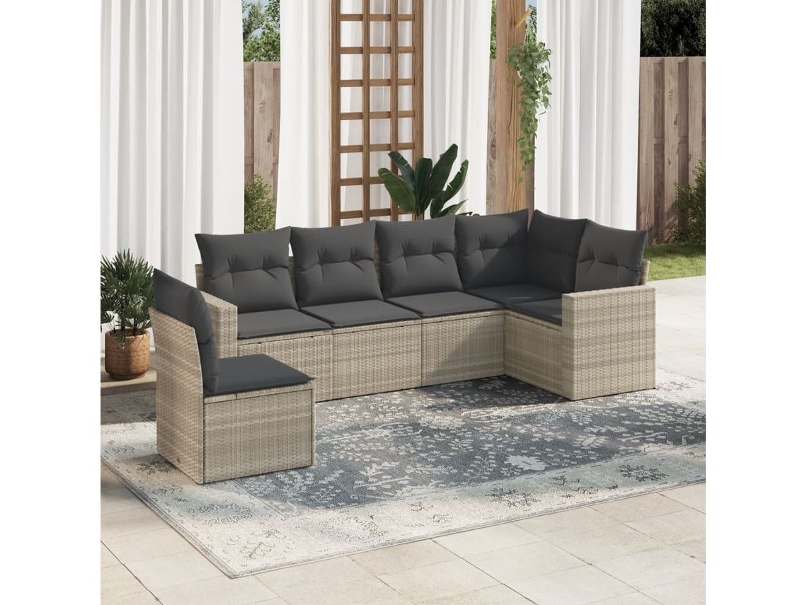 Vidaxl 6 Pcs Conj. Sofás Jardim Com Almofadões Vime Pe Cinzento-claro