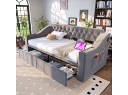 Sofá Cama 90x190 Cm Braços Largos Usb Armazenamento Seda Cinza Claro