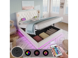 Cama Contentora Estofada De 140 X 200 Cm Em Tecido De Algodão - Com Função De Carga E Led Ao Pé Da Cama - Bege