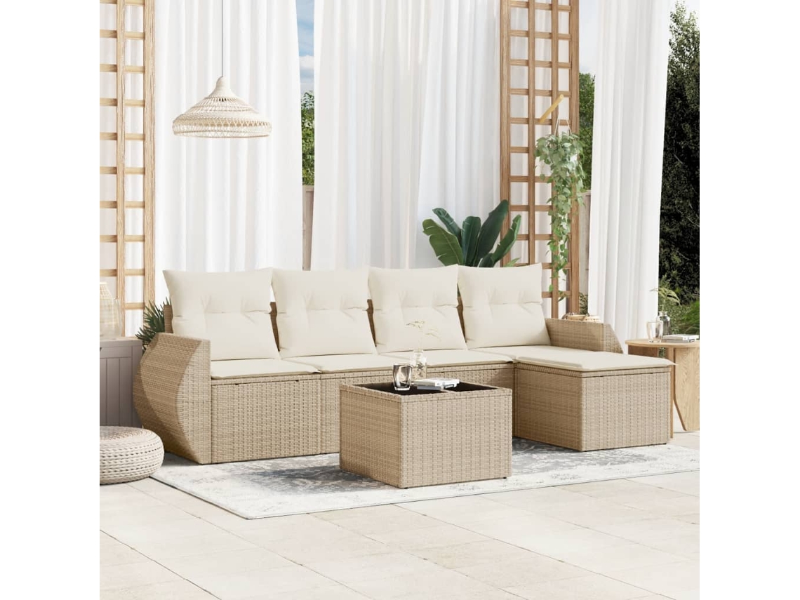 Vidaxl 6 Pcs Conjunto De Sofás P/ Jardim Com Almofadões Vime Pe Bege