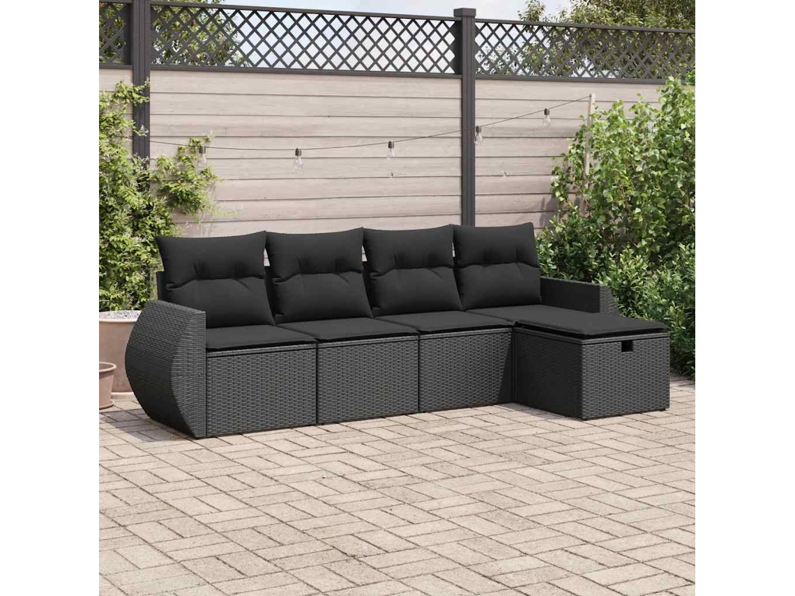 Vidaxl 5 Pcs Conjunto Sofás De Jardim Com Almofadões Vime Pe Preto