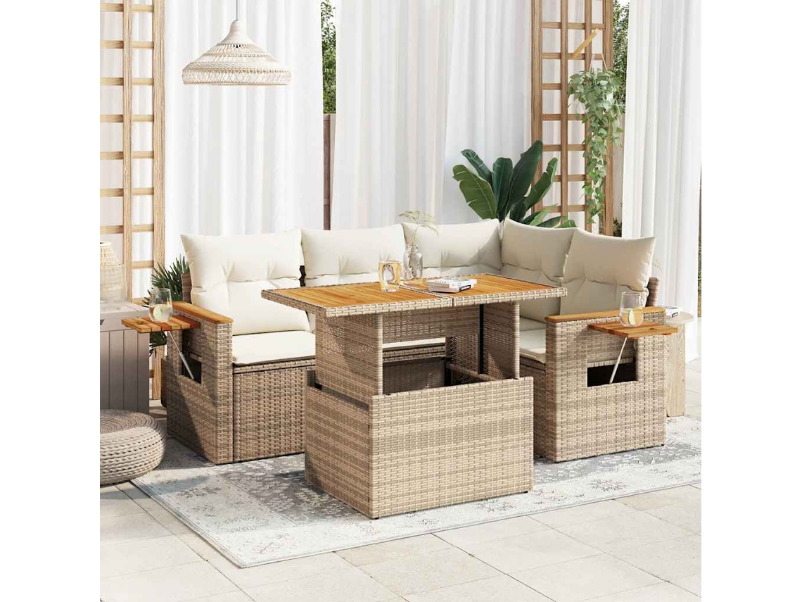 5 Pcs Conj. Sofás P/ Jardim C/ Almofadões Vime Pe/acã¡cia Bege Dkd Home Decor