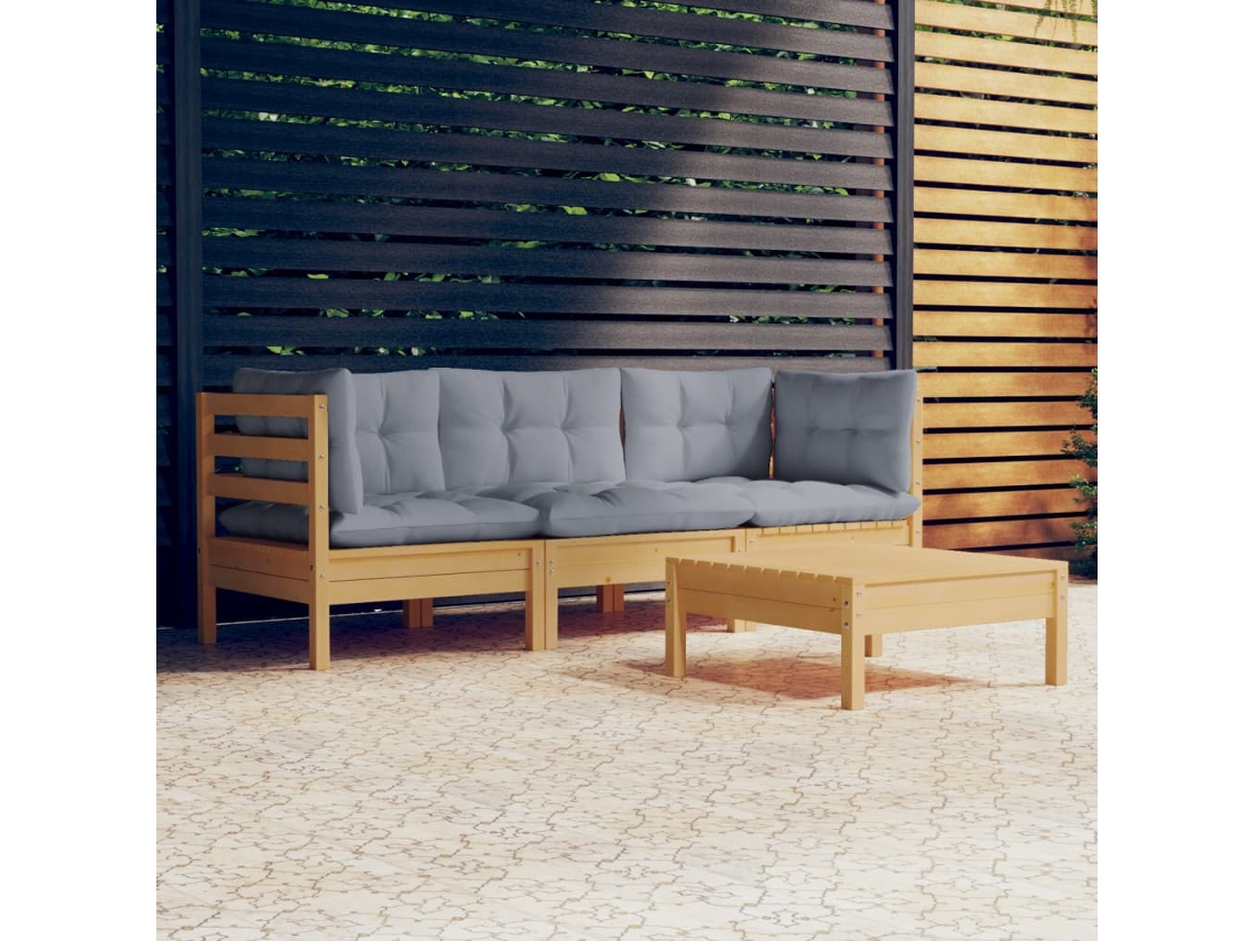 Vidaxl 4 Pcs Conjunto Lounge De Jardim C/ Almofadões Cinzentos Pinho