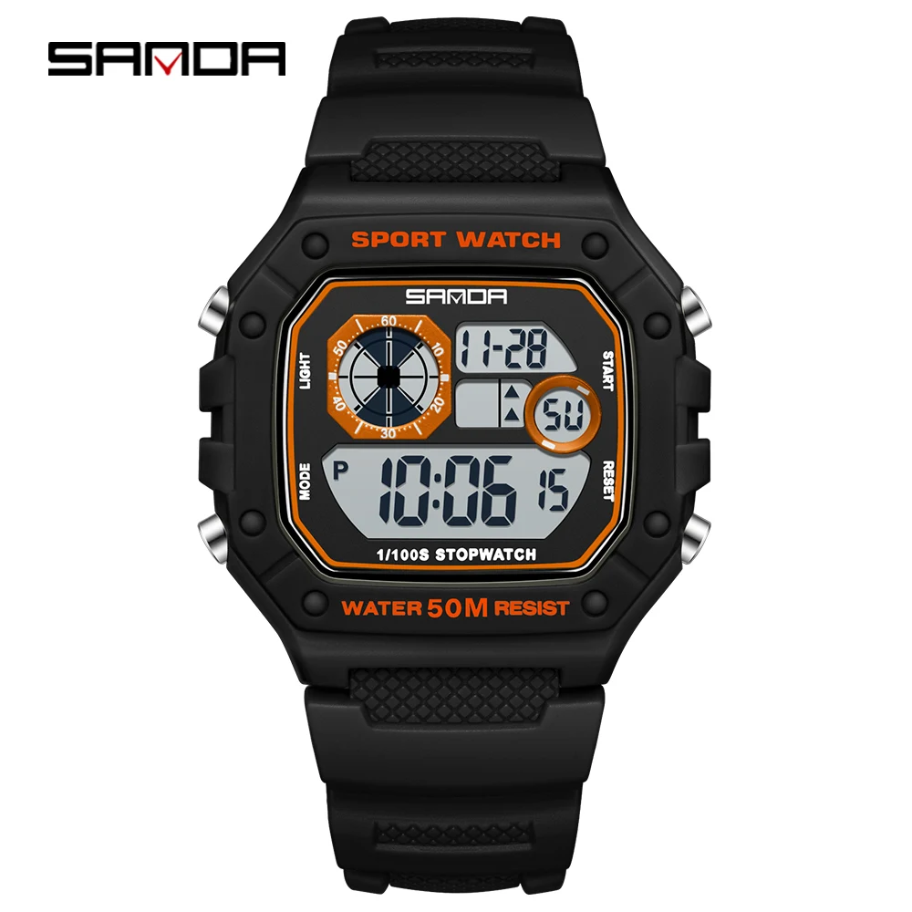 Relógio eletrônico masculino elegante (preto e laranja), multifuncional, à prova d'água, com LED.