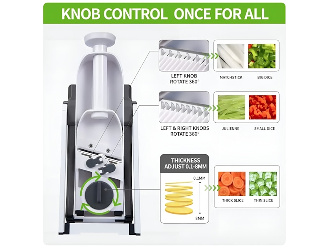 Picador de legumes com mandolina de espessura ajustável, processador de alimentos seguro para cozinhar com Slowmoose