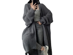 Chaqueta Cardigan Para Mulher De Lã Grossa Com Manga Redonda Abaulada Sem Fecho Casaco De Inverno Gris