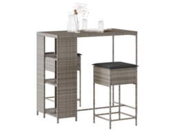 Vidaxl 3 Pcs Conjunto De Bar P/ Jardim C/ Almofadões Vime Pe Cinzento