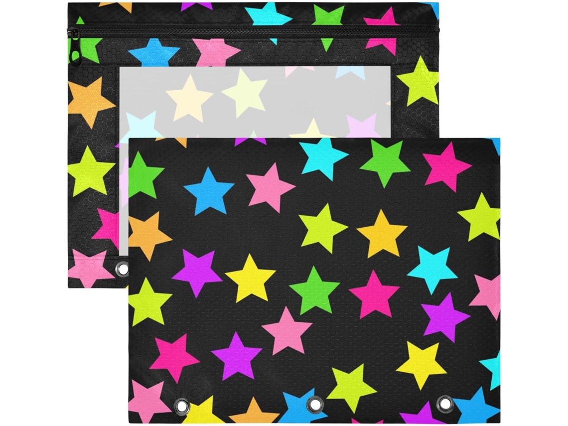 Conjunto de 2 Estojos para Lápis com Janela Transparente Fichários 3 Argolas e Estrelas Coloridas, Preto Neon.