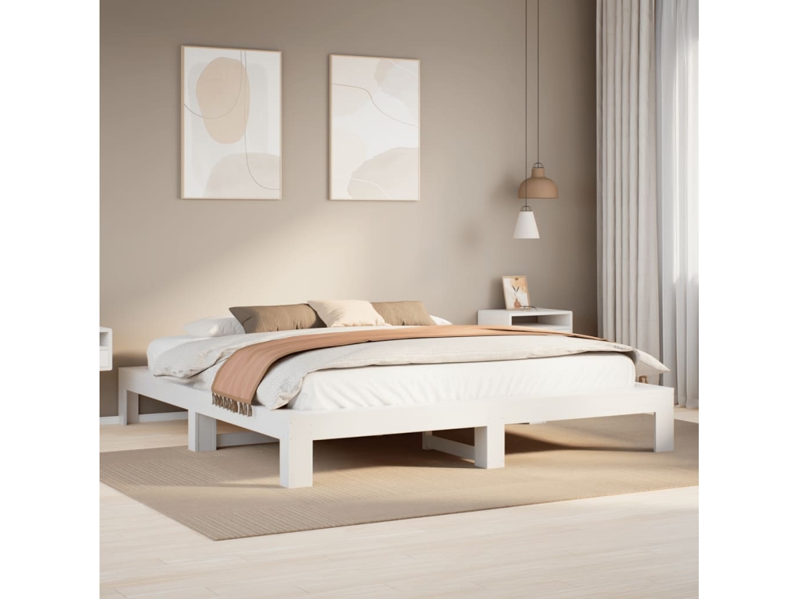 Cama Sem Colchão 200x200 Cm Madeira De Pinho Maciça Branco