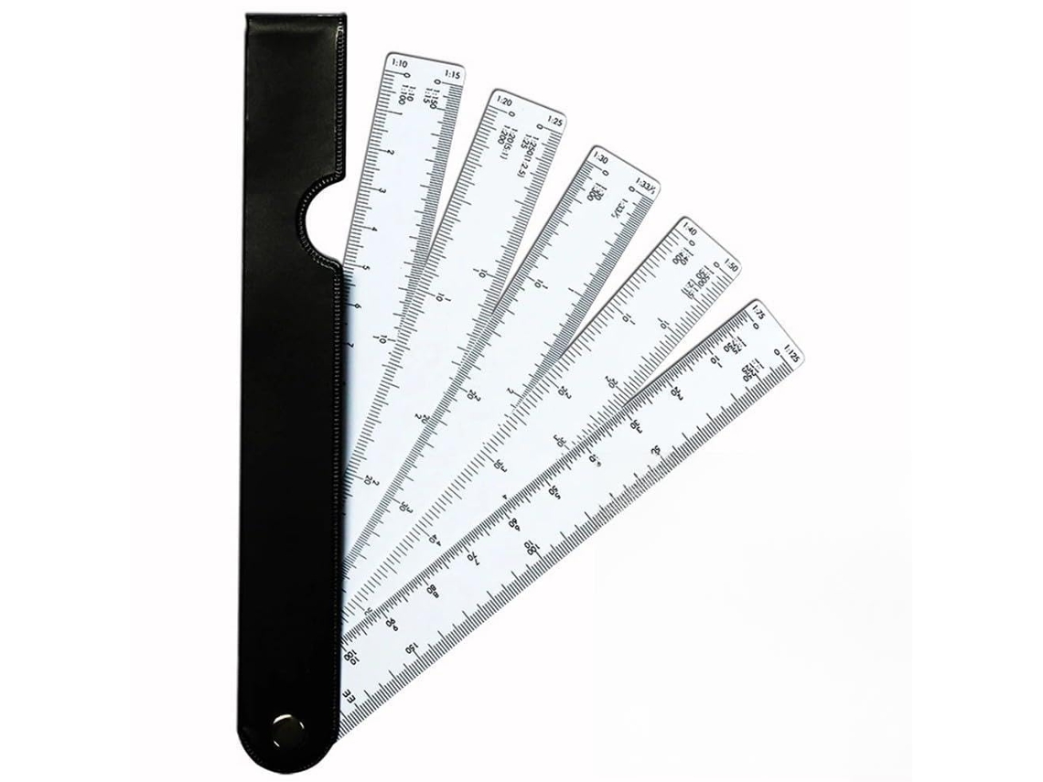 Régua multifuncional com escala e 5 folhas duplas para medição em plástico flexível, ideal para projetos de moda.