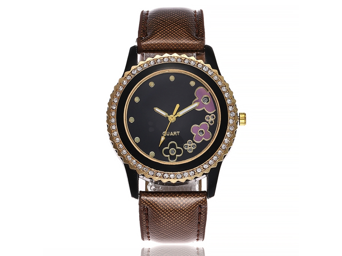 Relógio de Pulso Feminino de Quartzo com Pulseira de Couro Pu e Strass Padrão Florido