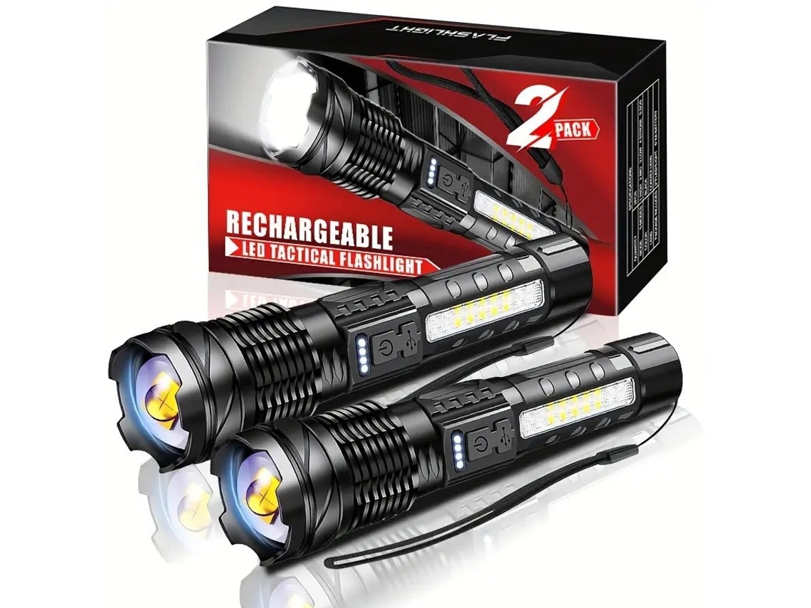Conjunto De 2 Lanternas - Lanterna Led - 90000 Lúmens - 7 Modos De Luz - Recarregável - Luz Lateral Cob - Ipx6 Impermeável - Foco Ajustável