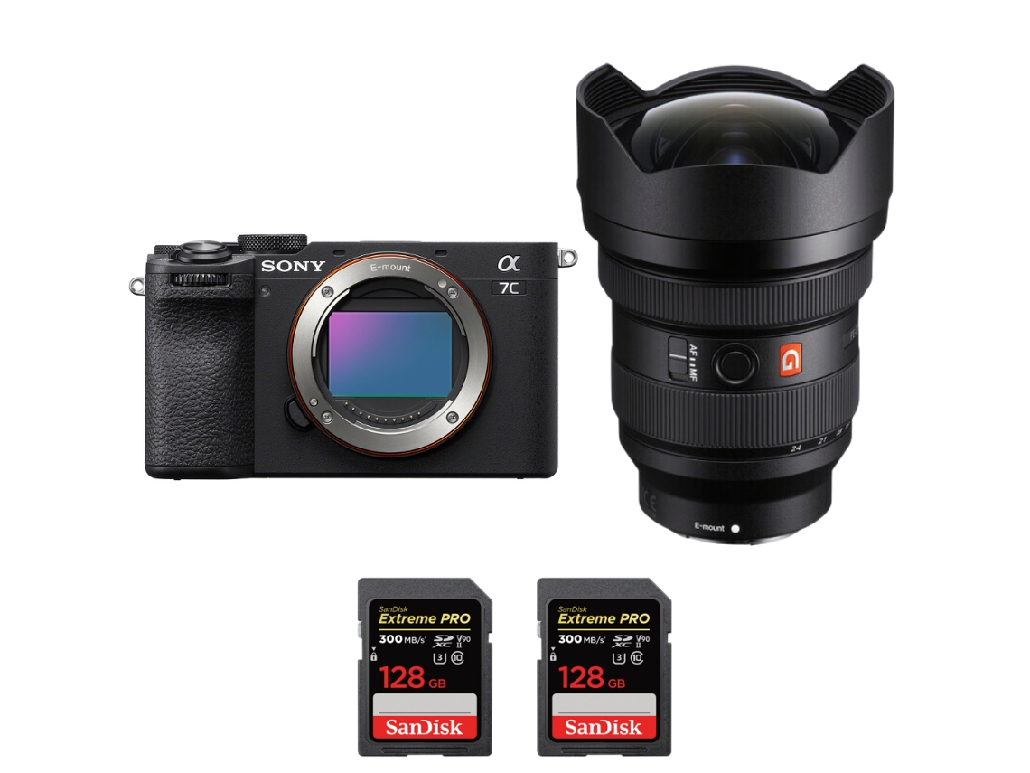 A7c Ii Preto + Fe 12 24mm F/2.8 Gm + 2 Sandisk 128gb Uhs ii 300mb/s Máquina Fotográfica Híbrida + Ebook “20 Dicas para Fotos Que Impressionam” SONY