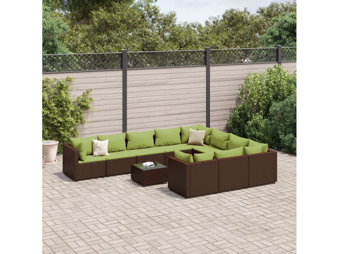 Vidaxl 11 Pcs Conjunto Sofás De Jardim C/ Almofadões Vime Pe Castanho