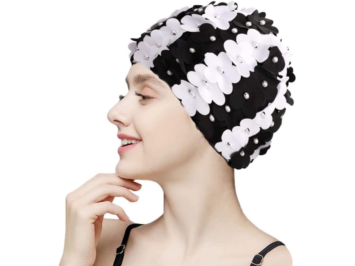 Boné De Nata Fashy Ladies Preto E Branco Com Pétalas 3d, Capacete De Banho, Tamanho Único Para Adultos