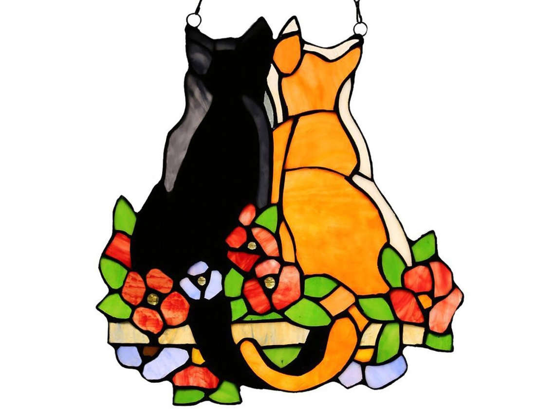Painel De Janela Com Gatos De Vitral Decoração Residencial