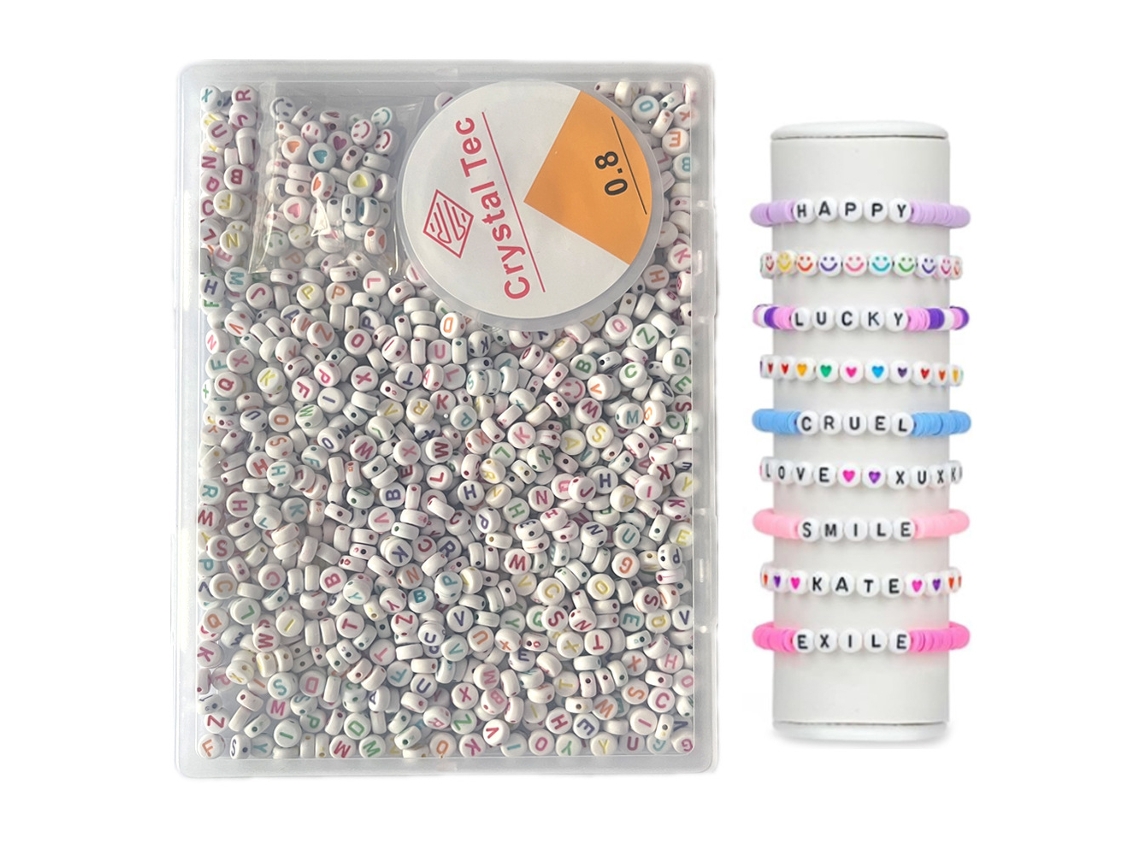 Kit 1000 Contas Letras com Cordão Elástico Pulseiras Diy