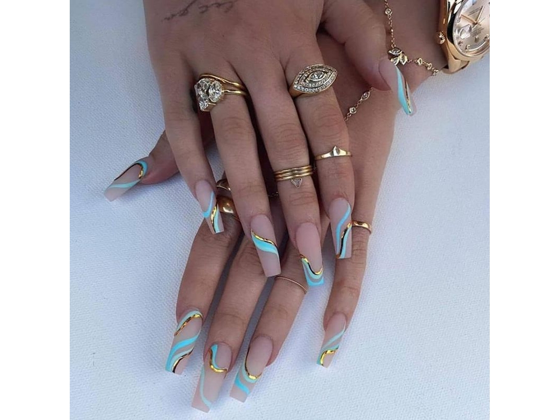 Unhas Falsas Longas com Foil Dourado Ballerina Prensáveis 24 Unidades