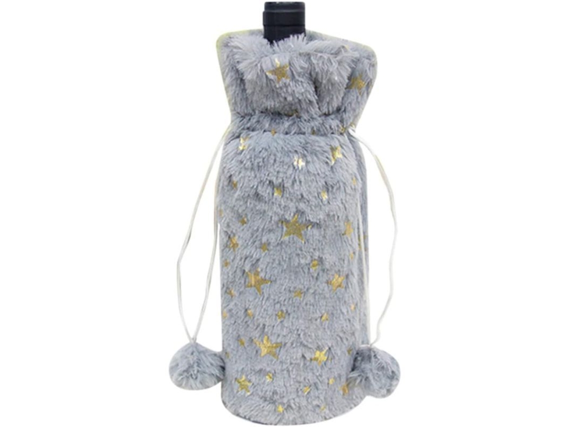 Capa para Garrafa de Vinho de Natal em Pelúcia com Estrelas e Lantejoulas Cinza/Branco - Decoração de Mesa Natalina