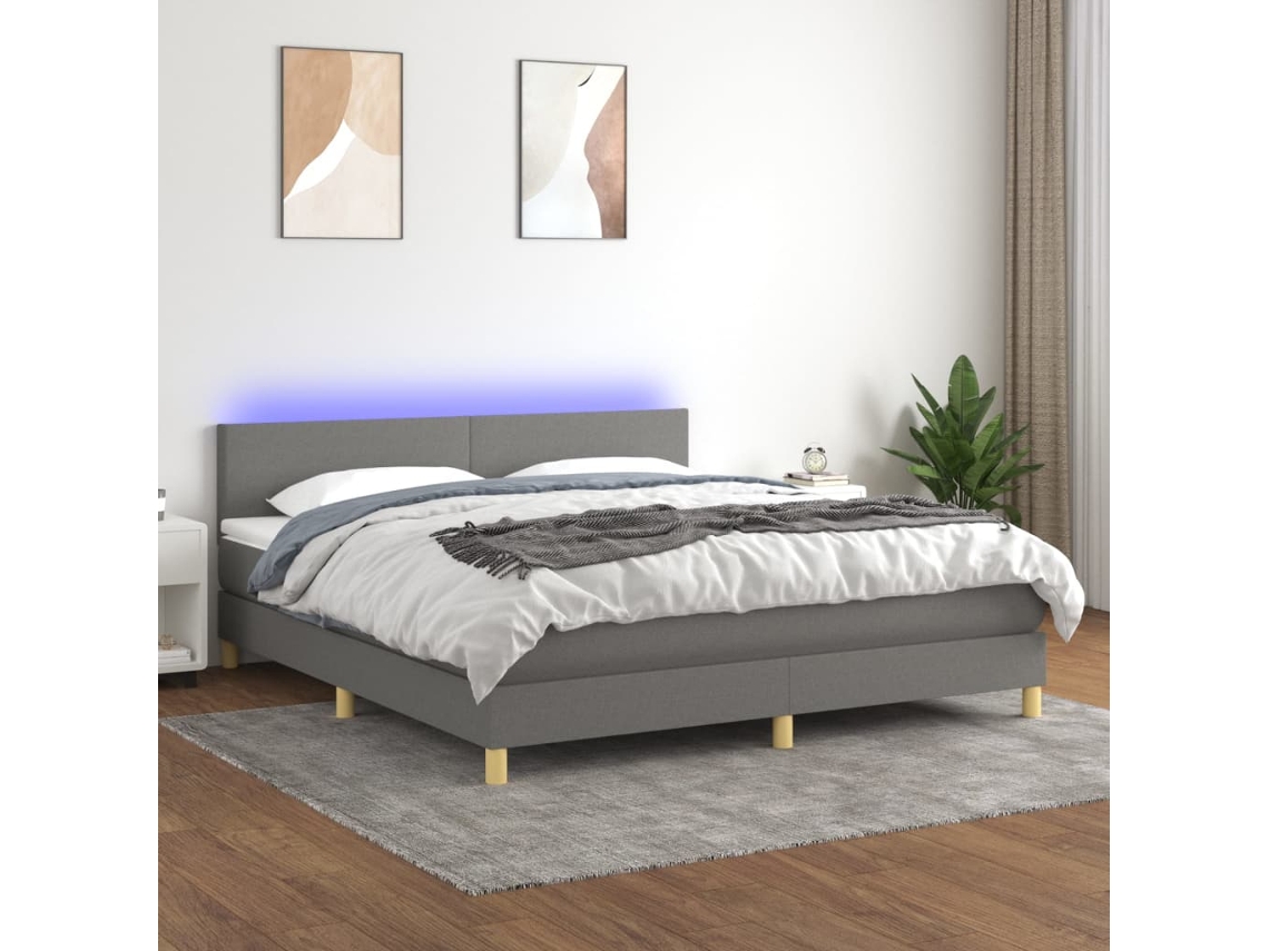 Vidaxl Cama Box Spring C/ Colchão E Led 160x200 Cm Tecido Cinza-escuro
