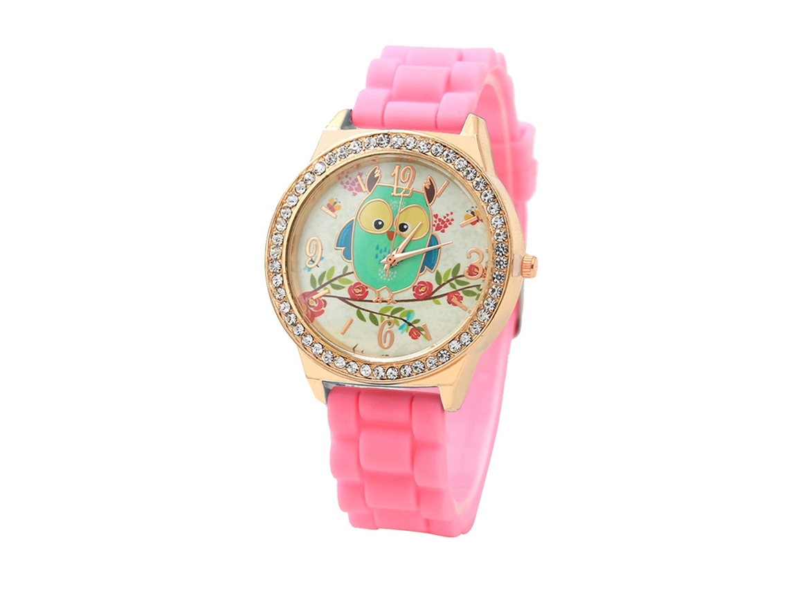Reloj De Pulsera Femenino Con Dial Redondo Y Strass, Correa De Silicona Rosa