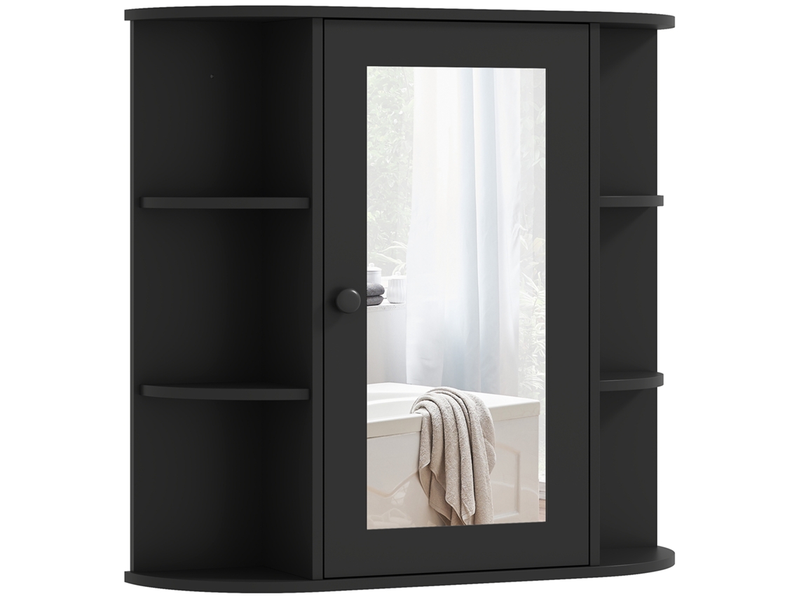 Espelho de Banheiro com 6 Prateleiras Abertas e 2 Fechadas,em Madeira e Vidro,66x17x63 Cm,preto BTFORUS