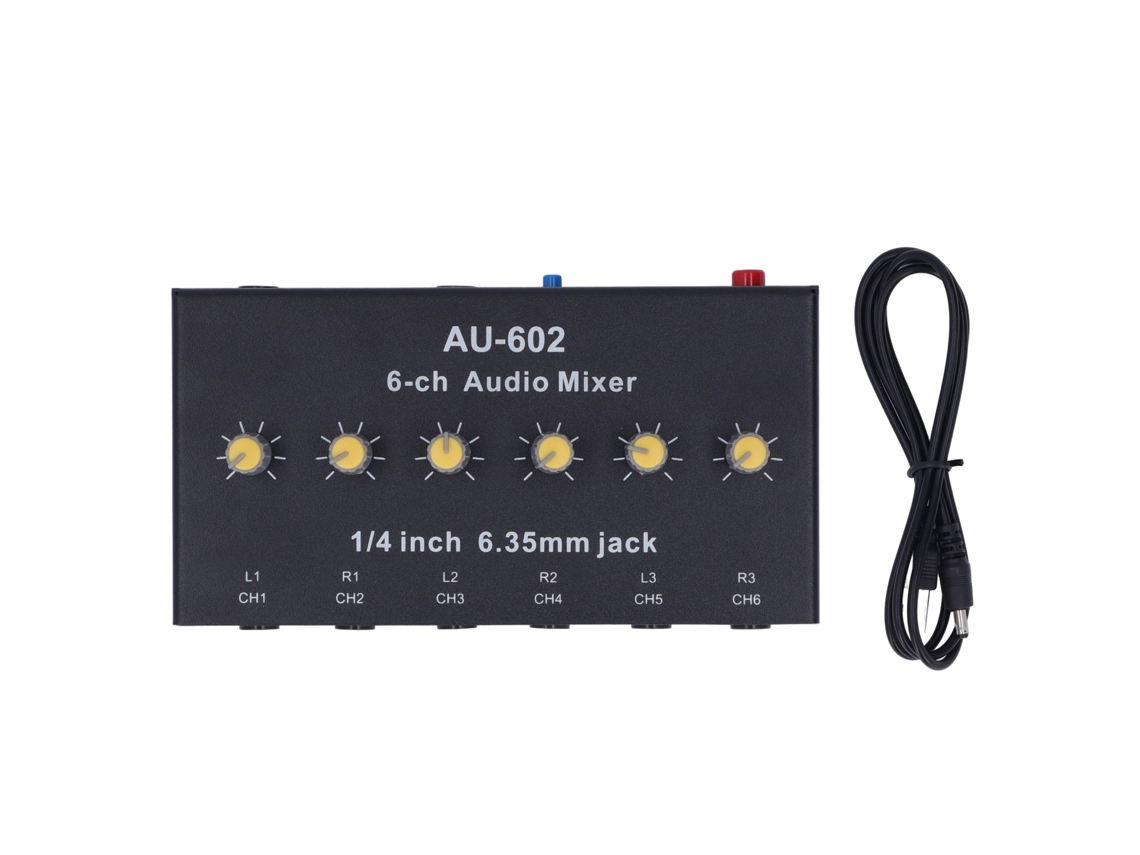 Misturador de Áudio 6 Canais Compacto Mono Estéreo 6 In 2 Out Amplificador com Jack 6.3mm Au 602