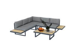 Conjunto de Canto para Jardim 5 Lugares com Almofadas e Mesa de Centro em Alumínio, Acabamento Cinza Antracite Efeito Madeira ZACHARY