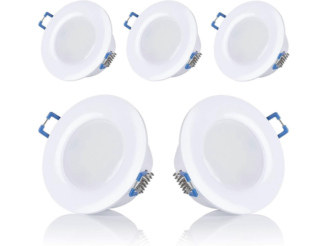 Conjunto Rebe com 5 luminárias de LED embutidas para banheiro, IP44, 230V, ultrafinas, 5W, brancas, 3000K/6500K, redondas, não dimerizáveis.