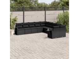 Jogo de Sofá Jardim 10 Peças C/ Almofadões Vime Pe Preto Dkd Home Decor