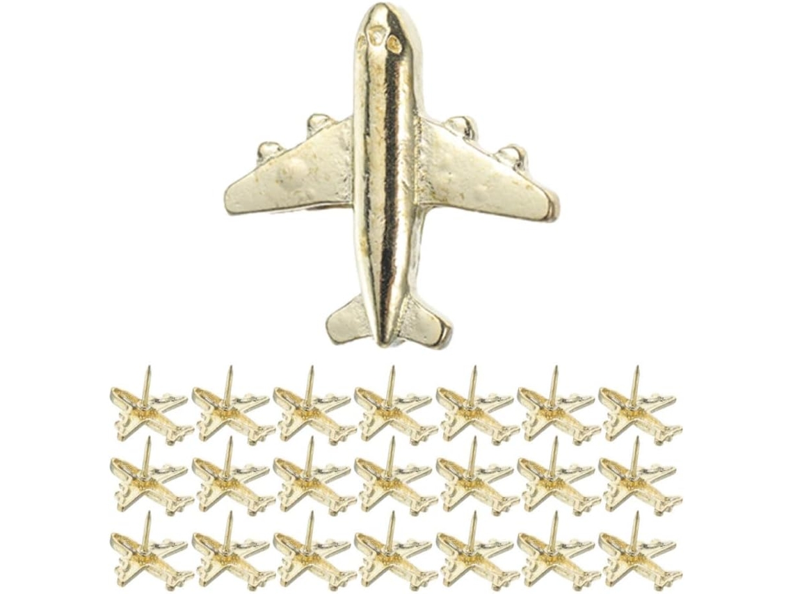 Conjunto De 30 Tachinhas De Metal Dourado Em Formato Avião Para Mesa