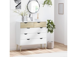 Cómoda com 5 Gavetas Gaveteira de Quarto Pés Madeira Estilo Nórdico 99x39x101 Cm Branco e Carvalho