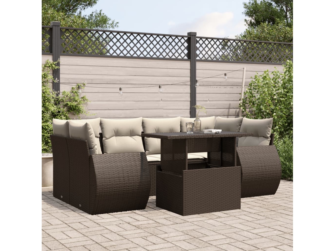 Vidaxl 7 Pcs Conjunto De Sofás Jardim C/ Almofadões Vime Pe Castanho