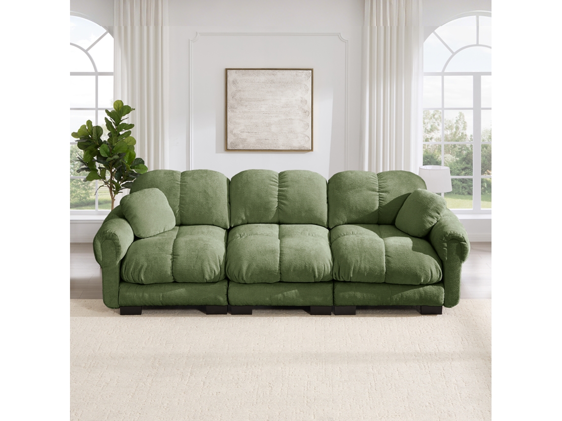 Sofá Cloud 3 Lugares Com 2 Almofadas Decorativas, Design Acolchoado, Almofadas Espessas E Encosto Ergonómico, Verde
