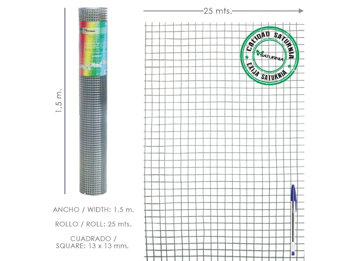 Malla electrosoldada galvanizada 13x13 / 150 cm. rollo 25 metros uso domestico