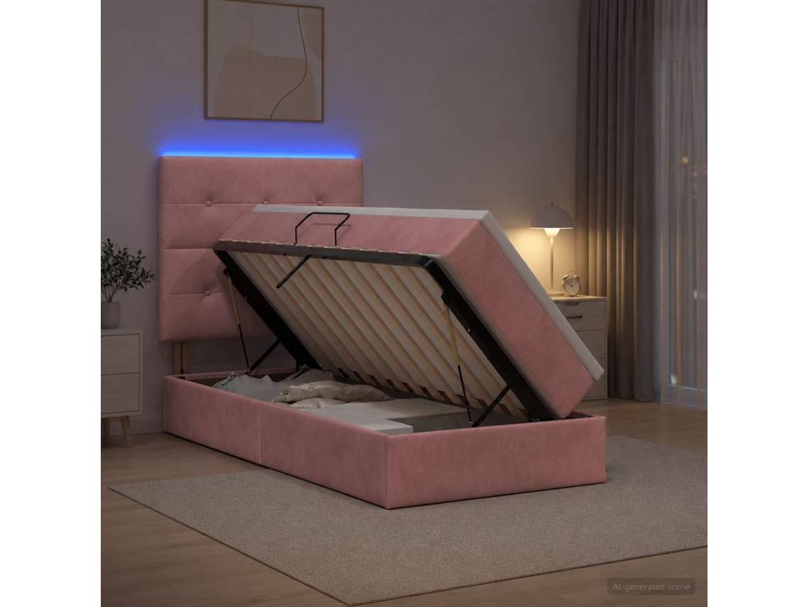 Vidaxl Cama De Armazenamento Led Com Colchão Rosa 100 X 200 Cm Veludo