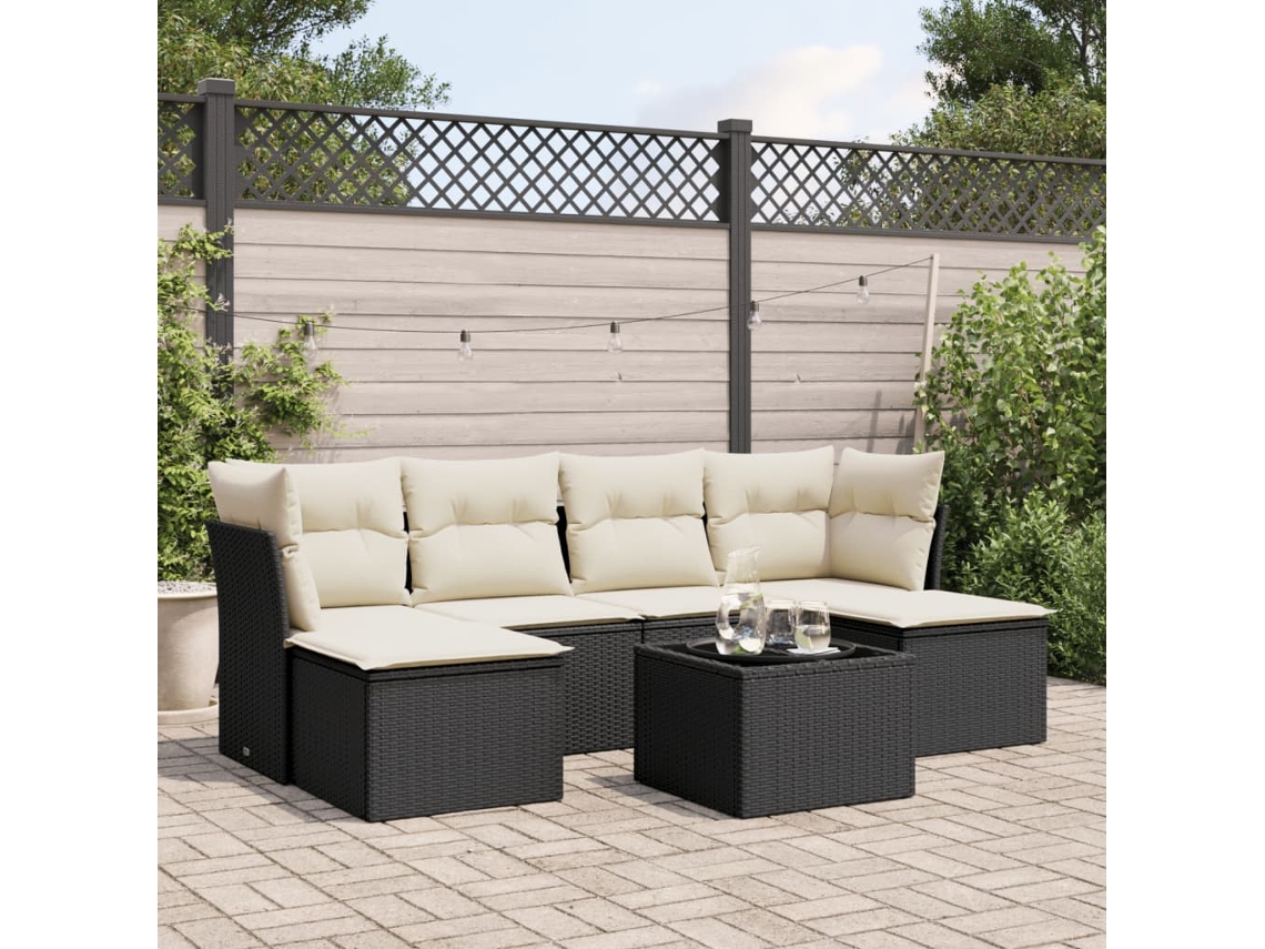 7 Pcs Conjunto De Sofás P/ Jardim C/ Almofadões Vime Pe Preto Dkd Home Decor