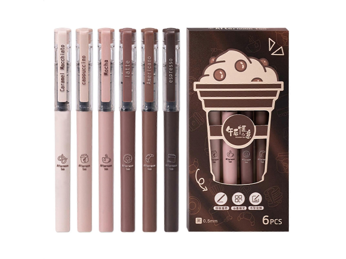 Canetas Esferográficas, Conjunto De 6 Marcadores Portáteis Com Tema De Café, Materiais Escolares Divertidos Para Meninas. Olysi Shop