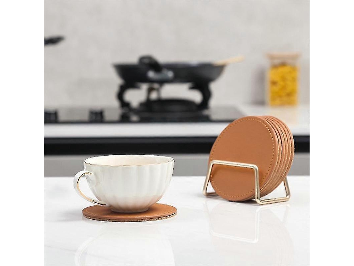 Lurelia Porta-copos 6 Un Cortiça Couro Pu Metal Redondo Com Suporte Bebidas