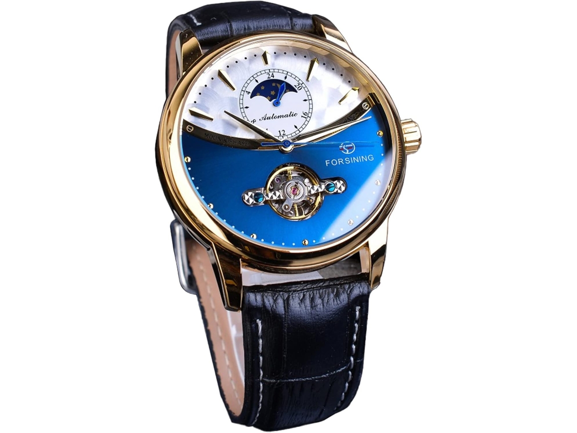 Lurelia Relógio Mecânico Masculino, Automático, Turbilhão, Fase Da Lua, 43 Mm, Couro, Resistente À Água