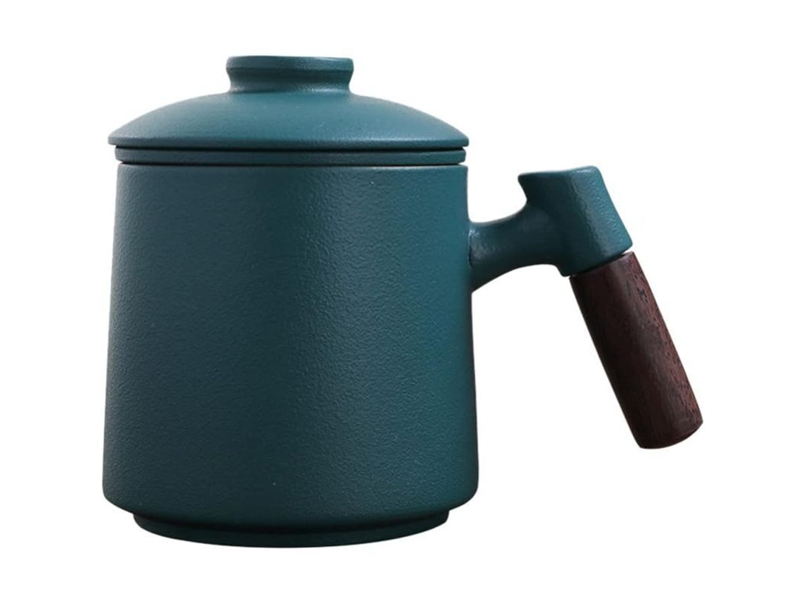 Xícara de chá de cerâmica 2026 com infusor e tampa, cabo de madeira, 400ml, textura retrô.