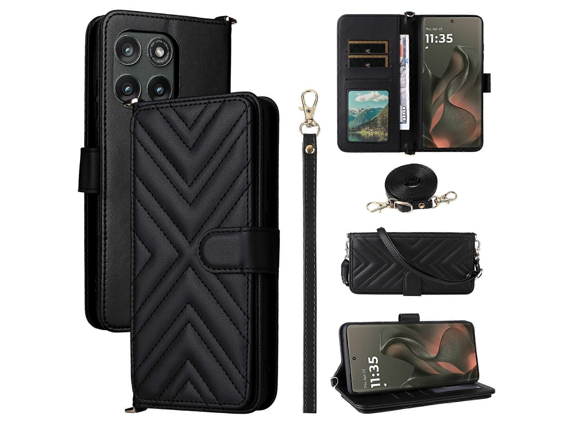 Capa De Couro Com Alça De Ombro E Suporte Para Motorola Edge (2025) 5g Edge (6ª Geração) Preta