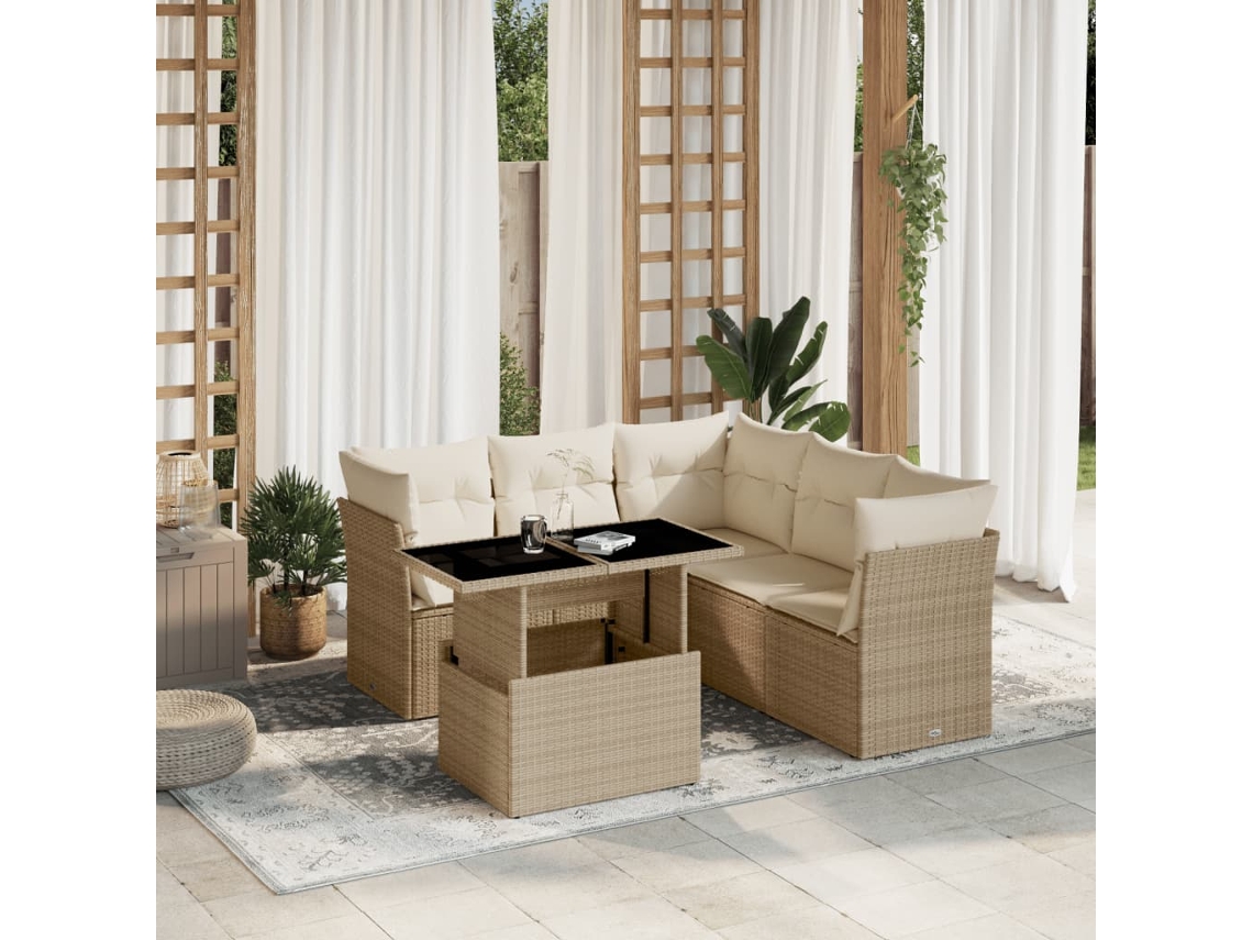 Vidaxl 6 Pcs Conjunto De Sofás P/ Jardim Com Almofadões Vime Pe Bege