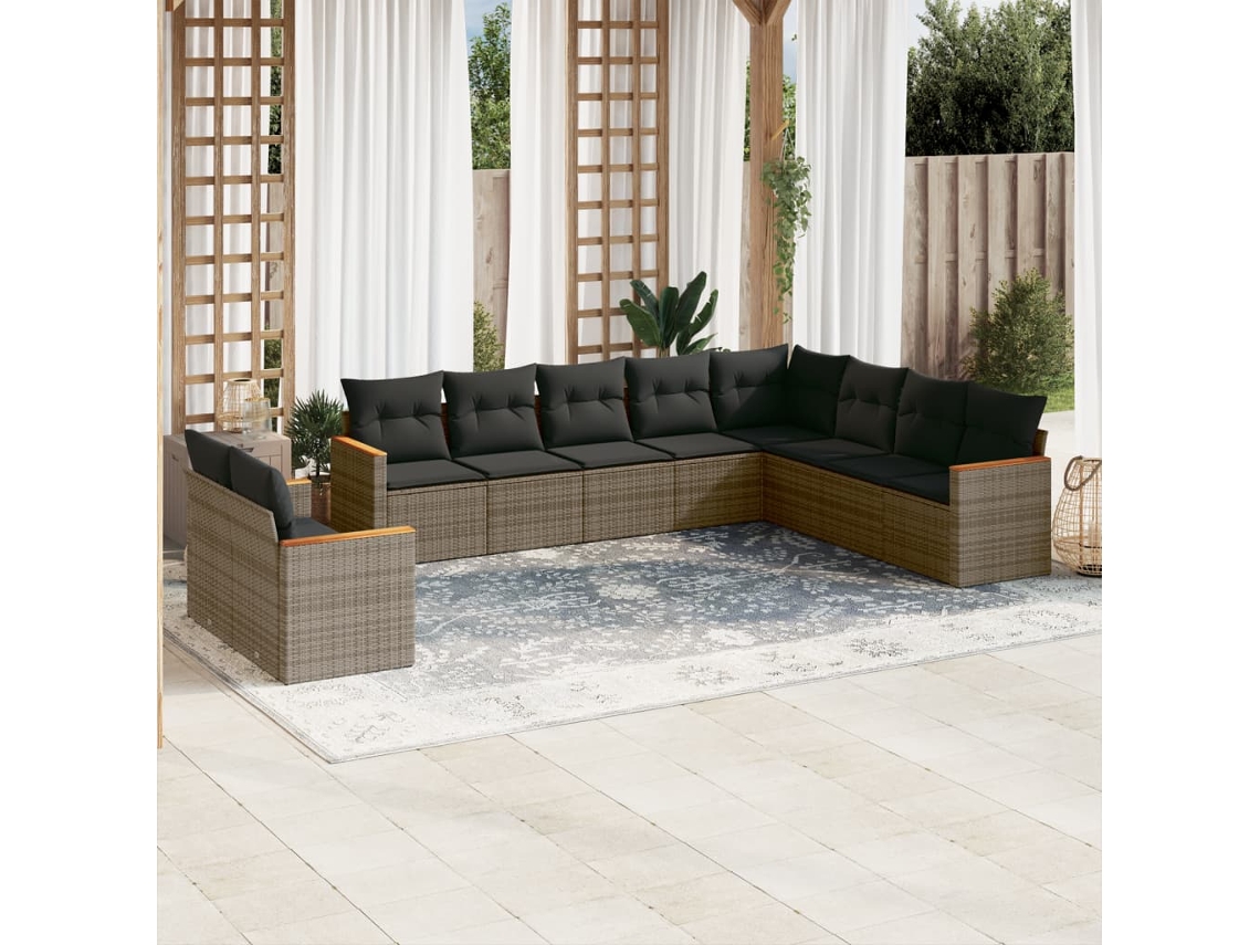Vidaxl 10 Pcs Conjunto Sofás De Jardim C/ Almofadões Vime Pe Cinzento
