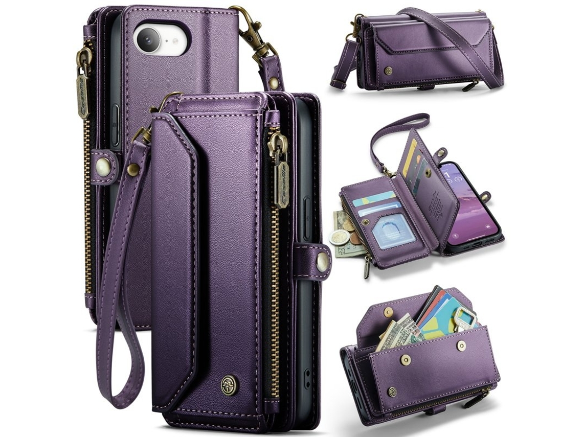 Capa Carteira Caseme Em Couro Sintético Para Iphone 16e Com Compartimentos Para Cartões - Roxa
